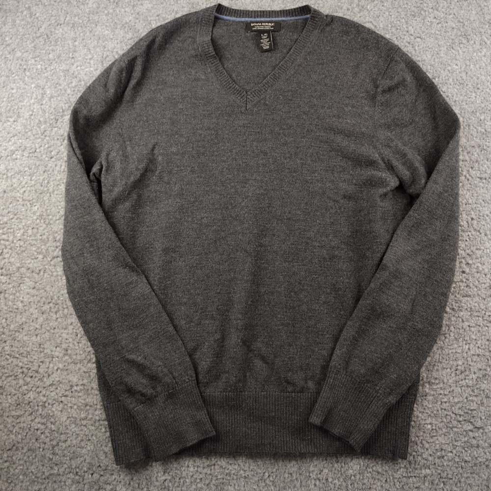 Banana Republic Wool Sweater Mens Large SLim Extra Fine Merino Gray V-Neck EUC